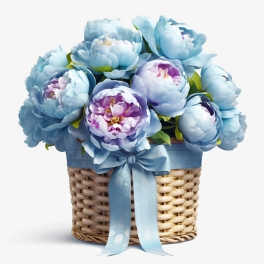 Watercolour realistic pastel blue peonies in wooden wicker basket with delicate ribbon bow wrapped around it intricately realistically detailed pastel blue peonies, PNG image,transparent background ,ultra highly detailed, 18k, sharp focus, bright photo with vibrant colours, digitally enhanced,photographic, enhanced graphics, png format, straight, sharp focus, bright lighting, intricate detailed png image ,high definition,300dpi,graphic clipart,computer graphics