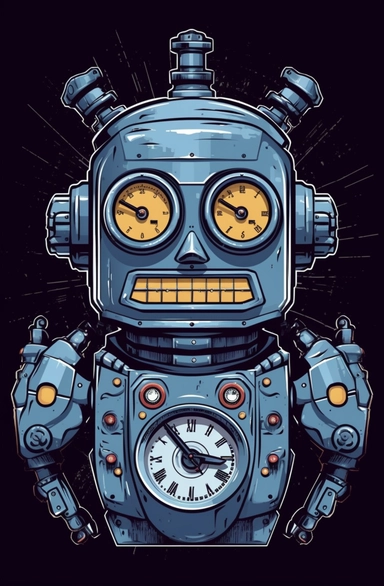 flat vector clipart illustration of a toy robot that has buttons and a clock on it, in the style of dark sky-blue and silver, pop art consumer culture, made of all of the above, flickr, metalworking mastery, strong facial expression, cardboard