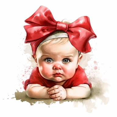 watercolour style cute newborn chubby size baby girl curled up frowning her eyebrows dribbling from mouth a red bow on head fine details Christmas dress wide background png plain background clipart
