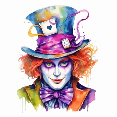 hand drawn mad hatter from Alice on wonderland, shades of lime, fuchsia, blue and orange, watercolor, clipart style, half body, white background with margins