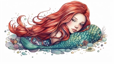 realistic burnished watercolored pencil cute mermaid clipart, red hair, detailed, disney, on white background, spaced out
