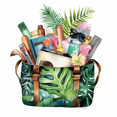 watercolor clipart of a stylish beach bag filled with essentials for a tropical getaway, brushstrokes, white background