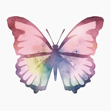 Watercolor Butterfly clipart, flat style, no volume, few details, washed out, minimalistic style, very lose details, very light colors, transparent colors, light airy hues and pastel tones, spaced out, white background, washed out colors and paint, hand - painted watercolor, watercolor spray, watercolor splash, splatters and paint smudges on top of Butterflie, watercolor paper with visible rough paper texture, a variety of watercolor brushes, do not cross workspace borders, rough watercolor pape