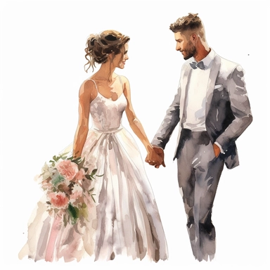 Hand drawn, watercolor, hyper realistic, white background, white margins, 16k, ultra detailed clipart, cut out image, hand - drawn, ultra HD, sharp and clean art, bride and groom