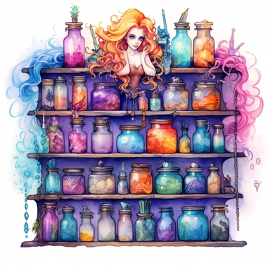 Witches PotionShelf Watercolor dreamy Clipart, pastel-core purple turquoise blue orange red yellow Magical Mystical Art, Fantasy Clipart, Witchcraft Potion many details style of Demizu Posuka no people