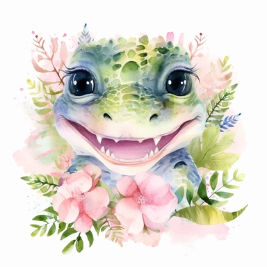 super cute newborn baby alligator clipart with huge cute blue eyes long fur smiling painted in watercolour style, splashes, pastel pink and sage green floral elements, white background 8k hd