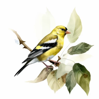 a single watercolor american goldfinch sitting on a leafy branch clipart, hd, white background, spaced out