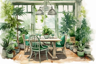 interior design scene, watercolor and ink style, boho green dining table and plants, clipart on plain white background, nature vibes, super high detail ultra precision 16k HD, clean crisp brushwork, painted by Beatrix Potter
