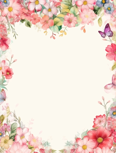 frame for poster, narrow vignette along the sides and the corners of the picture, little cute wild bright clipart flowers like hearts vignette, soff pastel blank center of the picture,