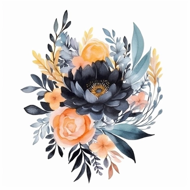 watercolor, handpainted black boho floral clipart, transparent background, spaced out--ar 3:2