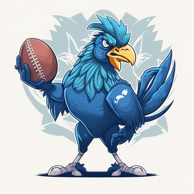 A blue rooster holding an american football ball, standing on a football field, clipart style