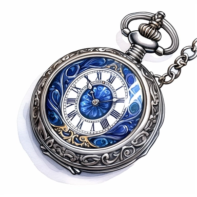 A Victorian pocket watch, ornately embellished and colored in a dazzling blue and silver, its position suggesting a clandestine moment in time, Clipart, watercolor, white background, intricate detail. A Victorian gentleman's bag, stylishly crafted in deep, magical blue shades, hinting at untold secrets within, Clipart, watercolor, white background, intricate detail. A Victorian umbrella, featuring a stylish mix of magical blue and darker hues, angled in a way to add an element of intrigue, Clipa