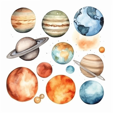 watercolor illustration clipart, cartoon, different planets like earth mars moon saturn, white background, Soft pastel colors