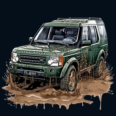 car clipart,sketch,t-shirt design vector graphics, dark green land Rover discovery 3 year 2005, sand AND water Splash, high detail design,high quality,contour, no text, identification symbol, 8k,--ar 3:4,--c 80