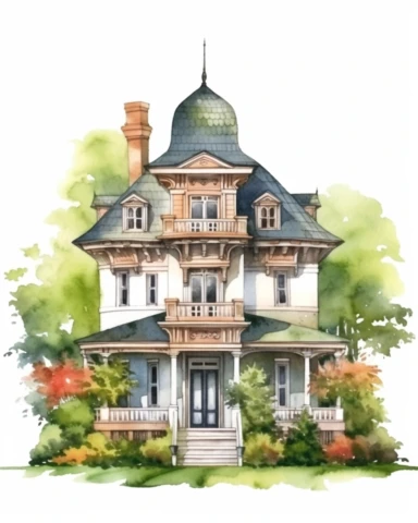 Watercolor clipart huge victorian house with conical roof, with lush garden, realistic, isolated on white background