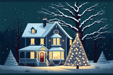 Stunning Vector clip art Christmas scene. frosty winter evening. The Christmas scene is one of festive cheer, as a cozy house is adorned with twinkling Christmas lights and colorful decorations. A tall Christmas tree with ornaments, gifts, decorations stands proudly in the front yard, its branches glistening with snow. The house itself is a picture of holiday cheer. Its windows are adorned with wreaths and garlands, and a wisp of smoke curls from the chimney. The front door is painted a cheery r