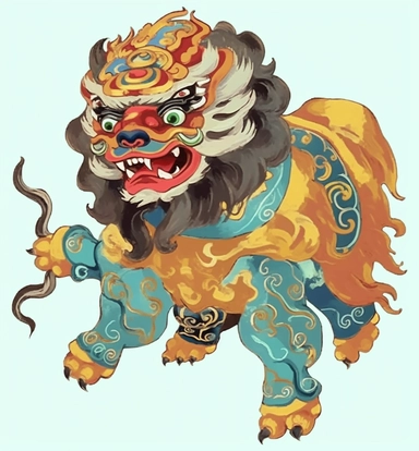 a lion dressed in oriental and holding a lion head png clipart, in the style of light yellow and light azure, chaïm soutine, colorful animation stills, chinese painting, animated gifs, polychrome terracotta, tapestry-like