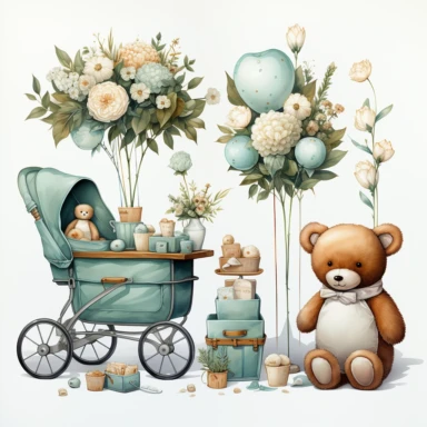 watercolour, baby theme, clipart, soft and muted pastel nuances, white background