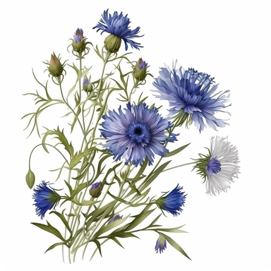 An enchanting arrangement of cornflowers depicted in a clipart style, set against a pristine white background. The vibrant blue hues of the cornflowers stand out, capturing the eye and evoking a sense of natural beauty. Each delicate petal and intricate detail is carefully illustrated, bringing the flowers to life in the clipart composition. The clipart style showcases the charm and simplicity of cornflowers, with clean lines and bold colors that accentuate their elegance. The white background p