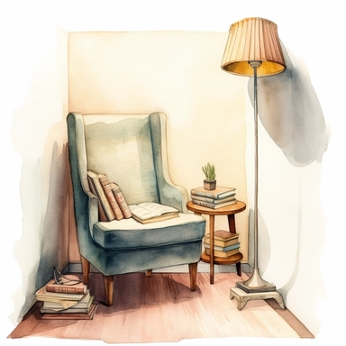 watercolor, hyper realistic, white background, white margins, 16k, ultra detailed clipart, cut out image, hand-drawn, whimsical A minimalist reading nook with a sleek, modern chair, a small table, and a few books, illuminated by a simple, elegant floor lamp.