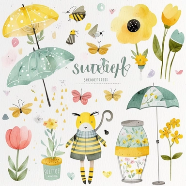 Please create a series of watercolor clipart illustrations featuring different items related to spring. Each illustration should be drawn in a charming and playful style that captures the beauty and vibrancy of the season. Items to include can be flowers, butterflies, birds, bees, rain boots, and umbrellas. Please use a coherent color palette that is bright and cheerful, but also soothing and calming. Colors that are associated with spring, such as greens, blues, pinks, and yellows, should be us