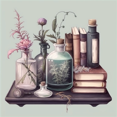 Light academy, old wooden shelf, potion bottle, bottle, grass, books, diary, glass with brushes, candles, vase, pink and white peonies, pink, white, light blue, purple, pastel colors,clipart on a white background, an illustration of by Annabel Kidston, shutterstock contest winner, generative art, detailed painting, digital illustration, photoillustration isolated on white background, digital watercolor