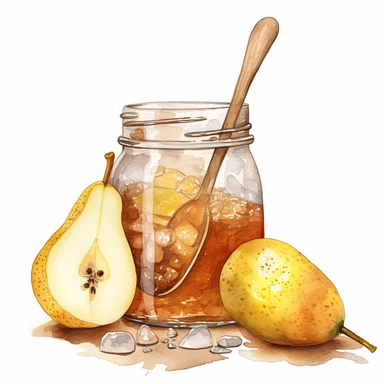 create a stunning watercolor clipart high quality high detail clipart illustration of an old fashioned fancy mason jar of homemade pear honey, include a small decorative honey spoon, no font no text, white background, no watermark