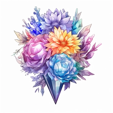 Cute Beautiful Pastel Magic Crystals Flower bouquet Sublimation Clipart,Cartoon, hyper realistic, intricate detail, illustration style,high solution,on the white background