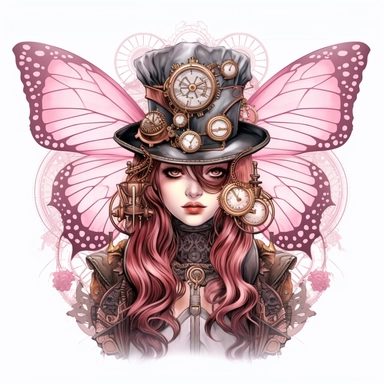 Beautiful Pink Steampunk Butterfly Sublimation Girl Clipart ,Cartoon,hyper realistic, intricate detail, illustration style,high solution,on the white background