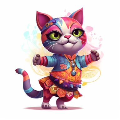 Funny dancing cat clipart on a white background, chibi and real style, masterpiece, realistic photography, colorful background, detailed, intricate details, rich colors, realistic style