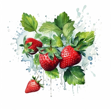 clipart, water color, straberry cut in half with green leaves all around, water dropplets, white background