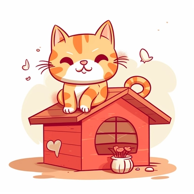 orange tabby cat sitting on the roof of a red cabin, cartoon kawaii cute, clipart
