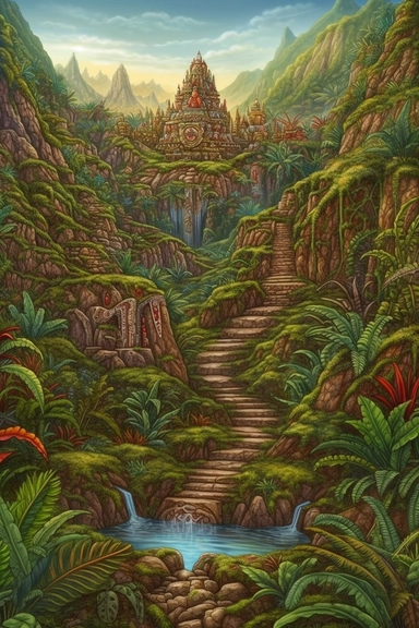 realistic clipart of aztec enchanted landscape, digital painting