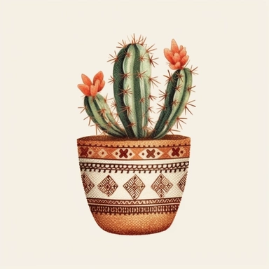 hd, clipart, realistic,A cactus plant in a pot with a southwestern mudcloth design, on white background--s 250