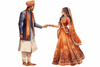 hindu groom and bride in love watercolor clipart illustration on a white background