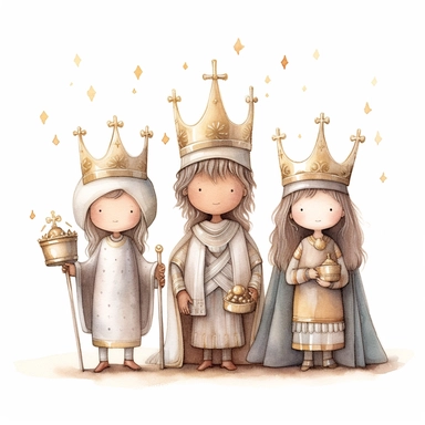 A watercolor painting of a cute nativity with 3 wise men holding gold, frankincense and myrrh, Christmas, cute detailed digital art, inspired by nicoletta ceccoli, by Kubisi art, whimsical and cute, by nicoletta ceccoli, cute detailed artwork, glimmering, adorable and whimsical, whimsical art, Clipart style, png style, svg style, blank white background, a solid white background