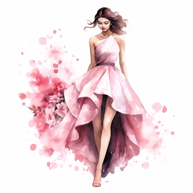 Watercolor full body girl wearing pink elegant party dress drawing, illustration clipart, high detailed, white background, digital art