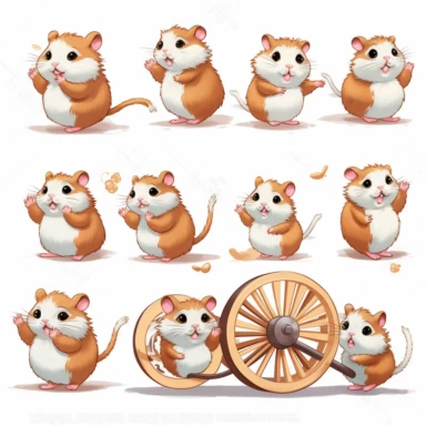 Illustration of an adorable hamster Clipart Set, each with a different pose and expression, white background, cute, playful, joyful illustration, digital art, Pixar art, 16:9 aspect ratio - presenting hamsters running in a wheel, nibbling on food, and exploring, with expressions such as energetic, focused, and inquisitive