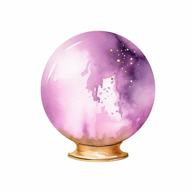 Crystal Ball, in the style of watercolor illustrations, pink and gold, soft lilac, magical and mystical, galaxy elements, modern minimal watercolor, on white background, clipart