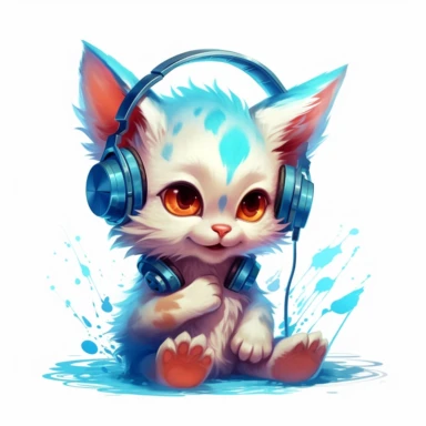 cute kitten listening to music in the style of skottie young, clipart