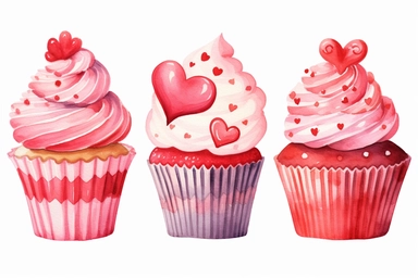 red and pink decorated valentines day cupcake, hearts, watercolor clipart