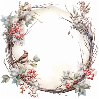 stunning christmas frame made of snowy branches , beautiful Christmas clipart, soft faded colors, beautiful watercolor art by Marjolein Bastin, Thomas Kinkade, Carl Larsson, Norman Rockwell, Susan Wheeler