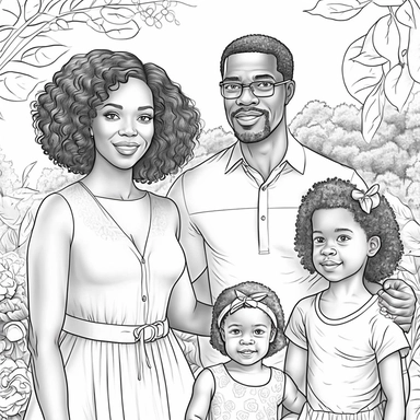 monochrome classic coloring book page of full body head to toe clipart style of smiling, African American family man with wife and children, smooth skin no blemish, he has round detailed eyes, chiseled face with hair, hyper realistic, hyper detailed, hair is short curly clean cut, wearing a full leisure outfit, line art, 8k polished focused photography, there is no background on this image