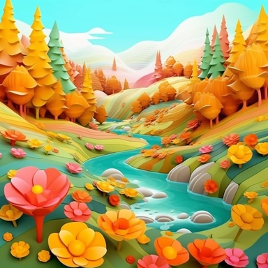 colour 3D yellowstone clipart, Cottagepunk, in the style of vibrant color palettes, cute and dreamy, heavy shading, colorful storytelling, modern style, colour flower background