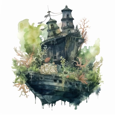 Horror style overrealistic mystical submerged pirate ship covered mosses and seashells bottom of the sea with watercolor effect, dark blue water, dark green mosses, deep water, sea plants, coral and mussel, , random fishes, undersea details, suitable for digital clipart, white background