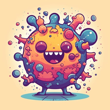 A colorful and playful vector illustration of a virus with a friendly expression, surrounded by tiny heart-shaped particles. The style is cartoonish and whimsical, invoking a sense of fun and lightheartedness. The mood is optimistic and cheerful, suggesting that the virus can be tamed or even conquered with the right approach. The lighting style is soft and diffused, giving a sense of warmth and comfort. Created by Artista, Clipart graphic, sticker, vector, svg, solid white background
