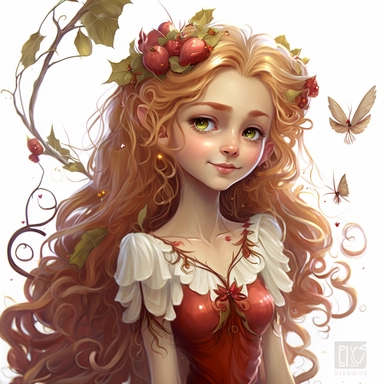 lilly stone, beautiful smiling fairy with large wings, 10 year old girl with long strawberry blonde wavy hair, burgundy dress, big eyes, BENTE SCHLICK style illistration, sparklecore, flowers, hyper detailed, white background, mid shot, clipart