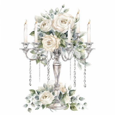 Hand drawn tall 3 tiered crystal candelabra wedding centerpiece, white roses and white flowers with greenery, sparkly crystals, glamorous, very detailed and realistic, watercolor, clipart style, white background with margins