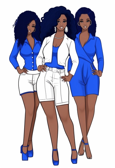 vector illustration of full body detailed melanin beautiful sorority girls wearing royal blue and white with white background.. no watermark! vector clipart, character drawn with thick black lines like for a coloring book! with no watermarks