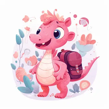 Characters Cute pink dragon with backpack on back goes to school on school background, kids style, 2D, vector, good quality, Pixar children's book illustration, vector, cartoon character, hand drawn, clip art